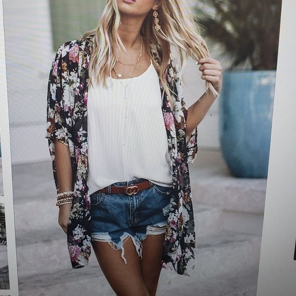 Shop Impressions Floral Kimono Overlay Sz L - Picture 2 of 7